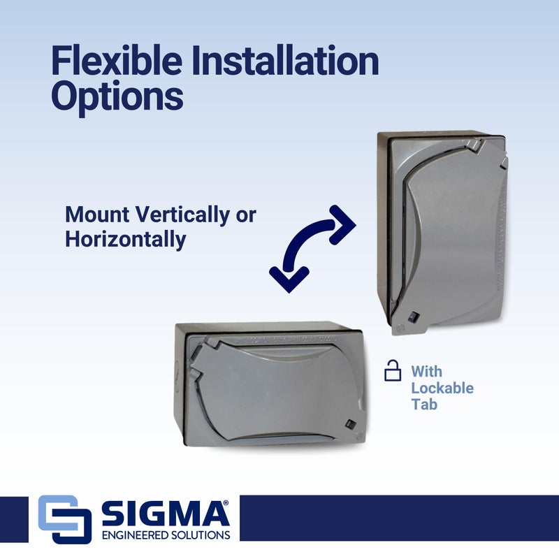 Sigma Engineered Solutions 16449 Universal Metal Weatherproof Outdoor Electrical Outlet Kit with Universal Cover, Box and 15 Amp GFCI Receptacle, Gray, 1 Gang, Lockable with Corner Hinge - Image 2